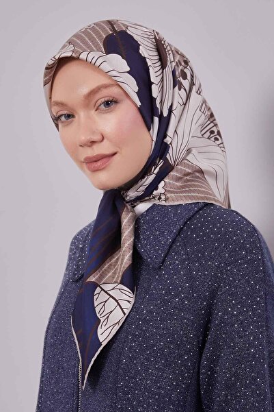 Levidor وشاح حريري من التويل بنمط زهرة الزنبق باللون الأزرق الداكن