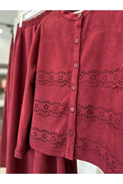 MRM MERAM BUTİK Shoulder Pad Tex Suede Skirt Suit Laser Cut - Bordo - 38