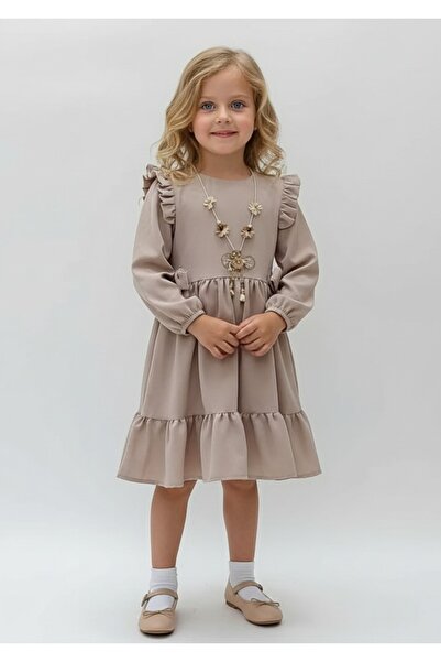 Şenkız Εορταστικό μακρυμάνικο φόρεμα για κορίτσια σε μπεζ χρώμα με ζώνη, κολι...