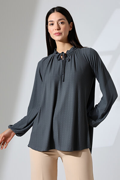 Şiir Elista Γυναικεία μπλούζα με κορδόνια με βολάν και μακρυμάνικη μπλούζα από χτενισμένο βαμβάκι ζακάρ - καπνιστή