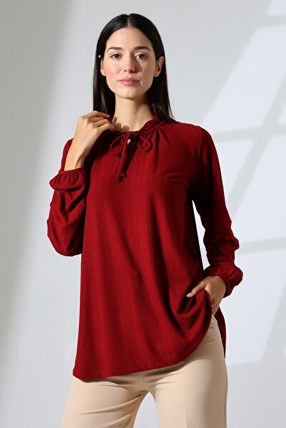 Şiir Elista Γυναικεία μπλούζα με κορδόνια με βολάν και κορδόνια με μακρυμάνικο χτενισμένο βαμβακερό ζακάρ - Βουργουνδία