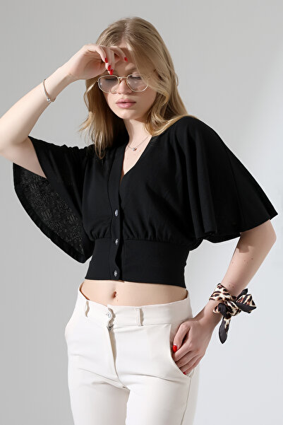 Şiir Risor Kadın Volan Kollu Ajur Jakarlı Şık Düğmeli Crop Hırka & Penye Hırka - Siyah