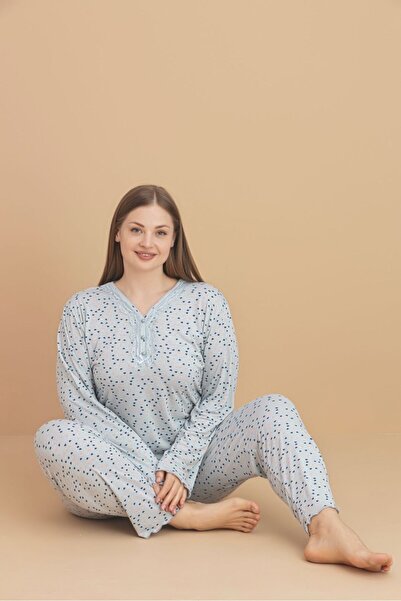 Eyfuze Women's Large Size Patterned Buttoned Collar Long Sleeve Bamboo Pajama Set