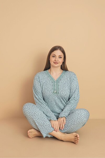 Eyfuze Set de pijamale din bambus cu mânecă lungă, cu nasturi, cu model, mări...