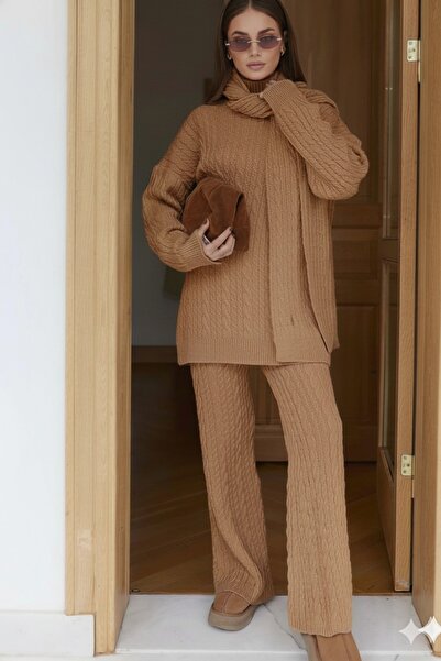 Kirazca Butik Women's Wefted Hair Braided Knitwear Trousers Set