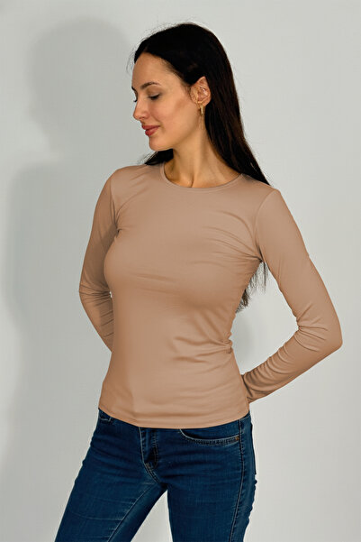 Betimoda Дамски боди с дълъг ръкав и кръгло деколте, цвят норка, 1 част