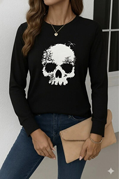 GENCULUS Women's Long Sleeve Crew Neck Skull Print Viscose Blouse