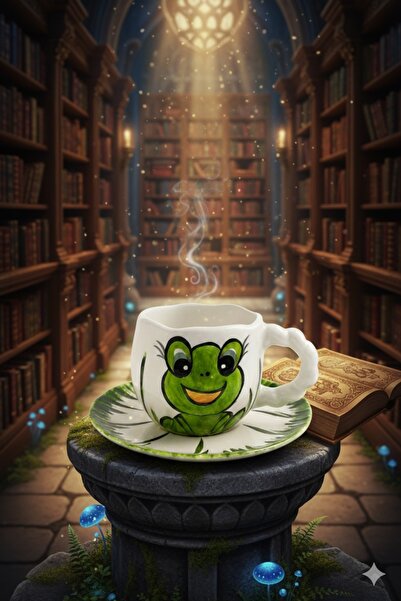 Çağ Seramik Kurbağa Desenli Tabaklı 2 Parça El Yapımı Seramik Kupa – Kulplu Krem Kahve Kupası