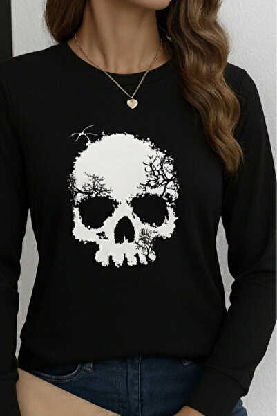 GENCULUS Women's Long Sleeve Crew Neck Skull Print Viscose Blouse