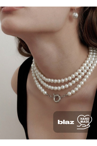 Handmade 3 Sıra İncili Gemici Kilitli Choker Kolye - Bride, Old Money Stil, E...