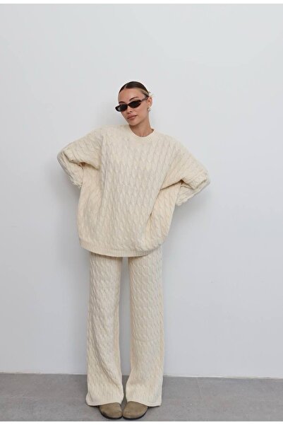 NURCAN KESKİN STORE Beige Knitwear Set Hair Braid Beige Pattern