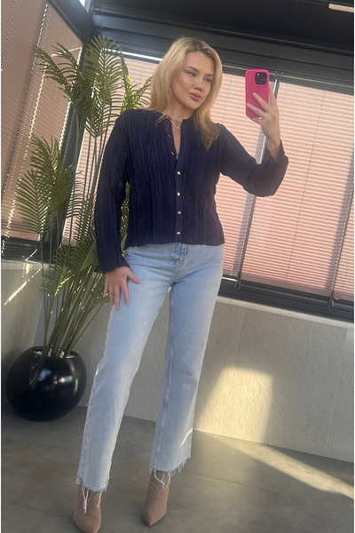 MİR STORE Cardigan tricotat albastru închis cu detaliu țesut fin cu sclipici