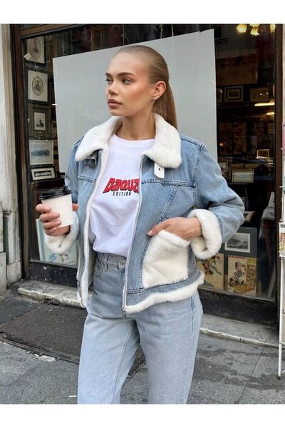 EDVESS Jachetă de iarnă din denim cu blană în interior Jachetă din denim albastru Sherpa