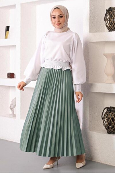 TRENDTESETTÜR WOMEN'S GREEN (ÇAĞLA) PLEATED WAIST ELASTIC SKIRT T 8354