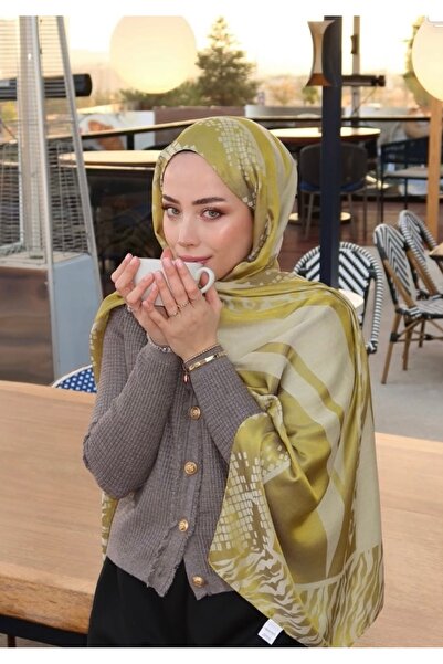 MODA Minel Scarf Pure Series Patterned Silk-Like Oil Green Jacquard Shawl.