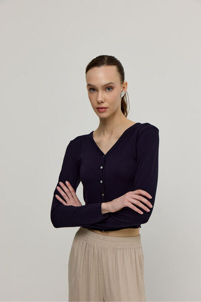 TUBİA Women's Navy Blue Buttoned Front Soft Cardigan