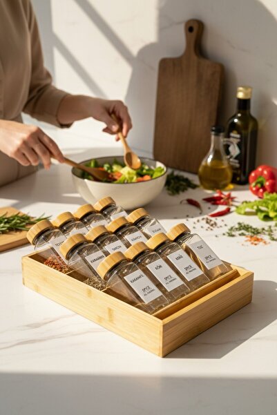 EG75 3-Layer Special Bamboo Stand 12-Piece Glass Spice Jar Set with Bamboo Lids (32 Labels as a Gift)