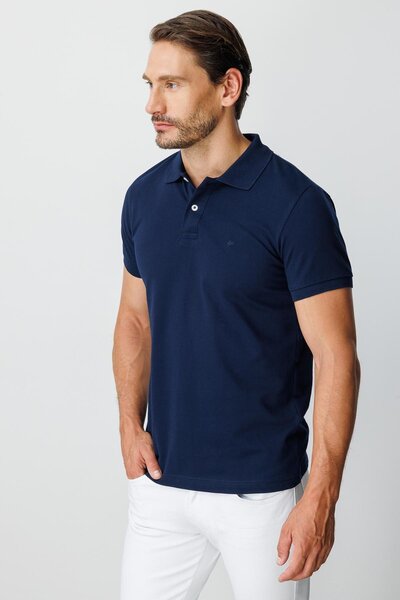 İgs Navy Blue Modern Fit Slim Fit Polo Neck Plain Short Sleeve 100% Cotton T-Shirt