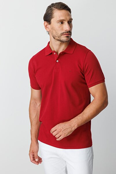 İgs Burgundy Modern Fit Slim Fit Polo Neck Plain Short Sleeve 100% Cotton T-Shirt