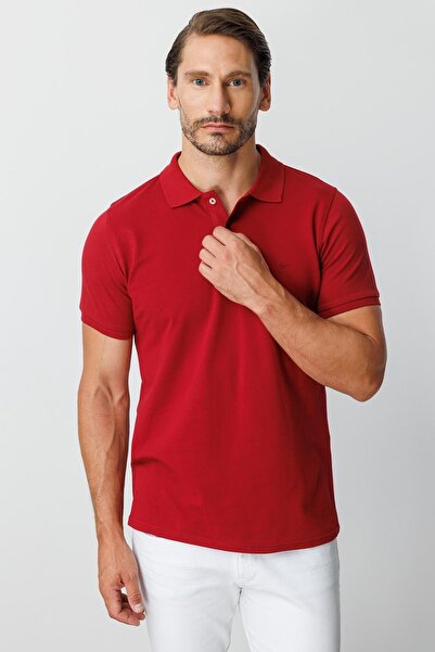 İgs Burgundy Modern Fit Slim Fit Polo Neck Plain Short Sleeve 100% Cotton T-Shirt