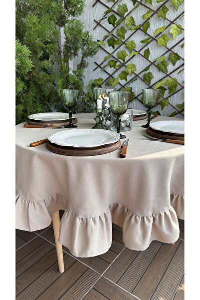 Decamor home Linen Textured Wrinkle-Free Stain-Resistant Beige Round Ruffled Tablecloth (Napkin Not Included)