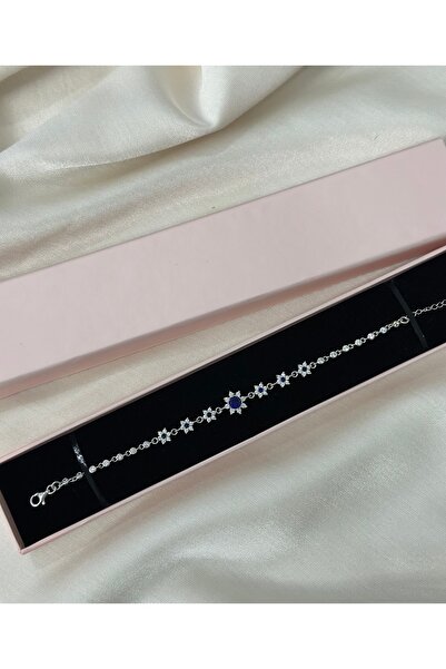 Desing 925 Ayar Gümüş Çiçek Model Kadın Bileklik Lacivert Taşlı Zarif Takı | ...