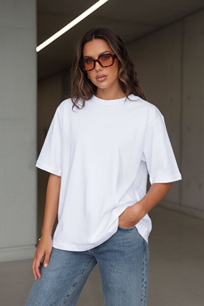 meyou bags Kadın %100 Pamuk Kalın Dokulu Oversize Fit Yuvarlak Yakalı Beyaz T...