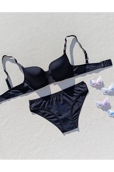 siyalife طقم ملابس داخلية من حمالة صدر سوداء صغيرة بدون حشوة وسروال داخلي (مجوف)