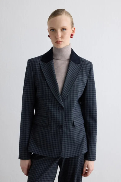 Gusto Velvet Collar Tiny Plaid Jacket - Navy Blue