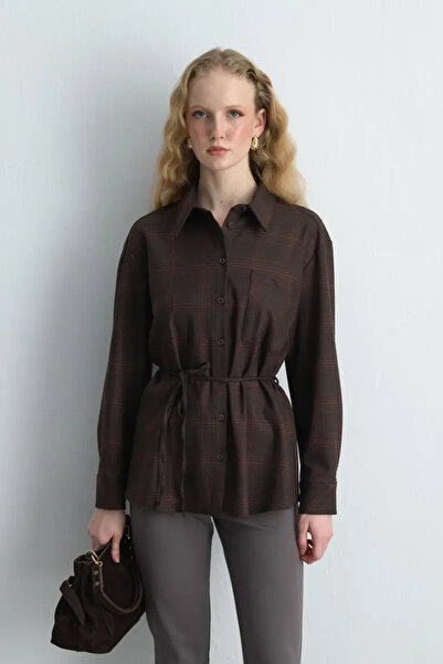 Gusto Beli Plaid Fabric Shirt with Rope Belt - Brown