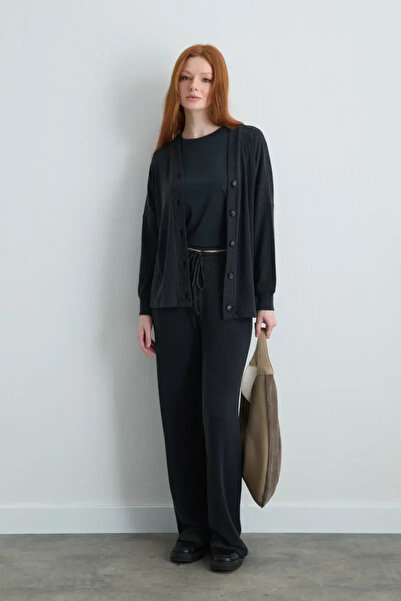 Gusto Ribbed Modal Knitted Wide Leg Trousers - Gray