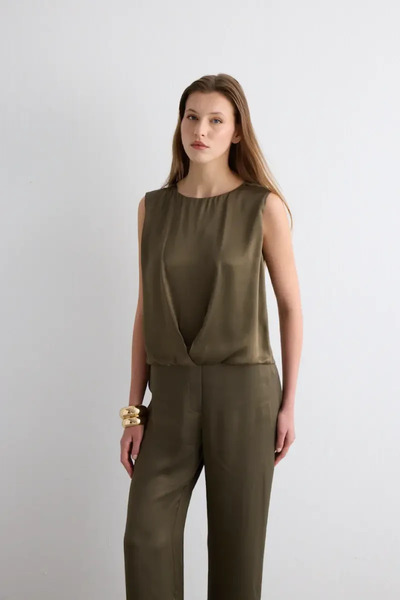 Gusto Front Pleated Sleeveless Satin Blouse - Khaki