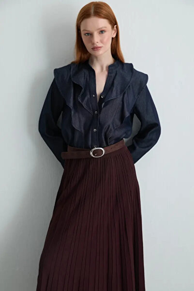 Gusto Long Knit Pleated Skirt - Brown