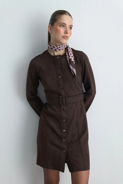Gusto Beli Belted Faux Suede Dress - Brown