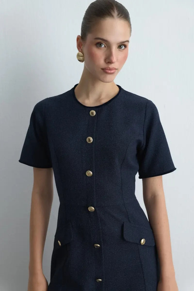 Gusto Bele Oturan Midi Tweed Dress - Navy Blue