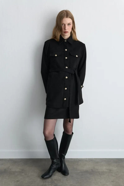 Gusto Beli Belted Faux Suede Jacket - Black