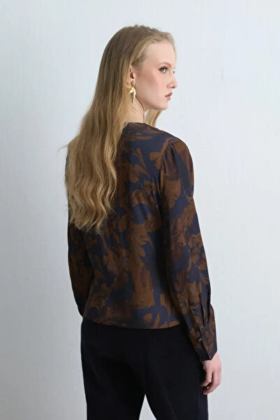 Gusto Anka Collection Viscose Satin Degaje Blouse - Brown