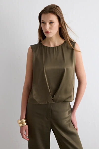 Gusto Front Pleated Sleeveless Satin Blouse - Khaki