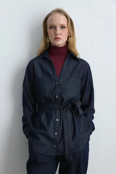 Gusto Beli Belted Denim Shirt - Navy Blue
