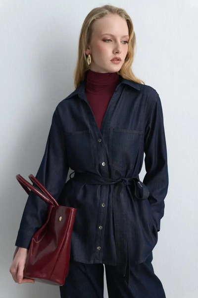Gusto Beli Belted Denim Shirt - Navy Blue