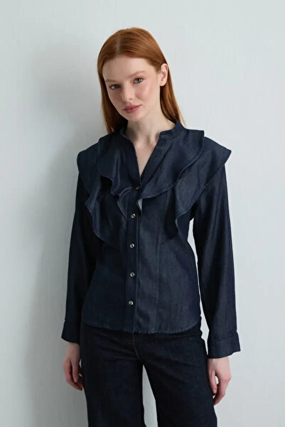 Gusto Flounce Denim Shirt - Navy Blue