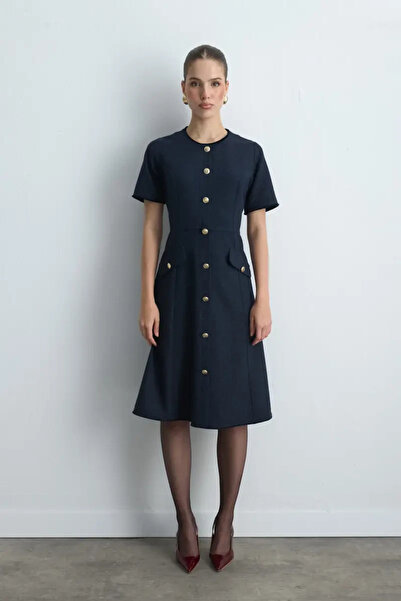 Gusto Bele Oturan Midi Tweed Dress - Navy Blue