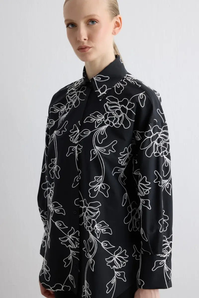 Gusto Floral Embroidered Cotton Shirt - Black