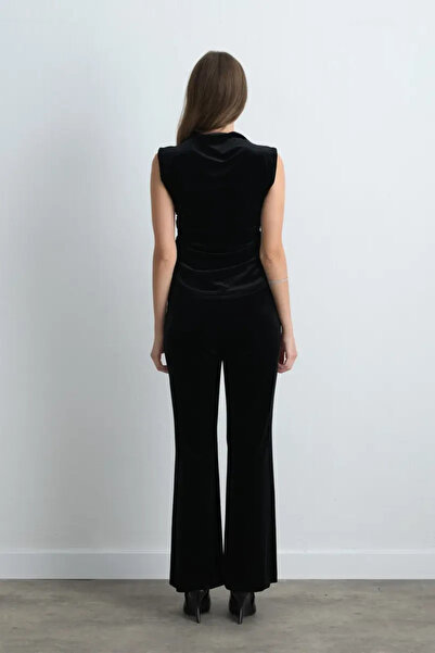 Gusto High Neck Gathered Velvet Blouse - Black