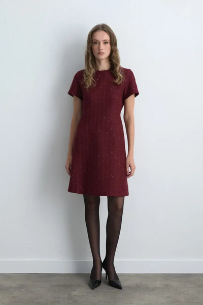 Gusto Short Sleeve Tweed Dress - Burgundy