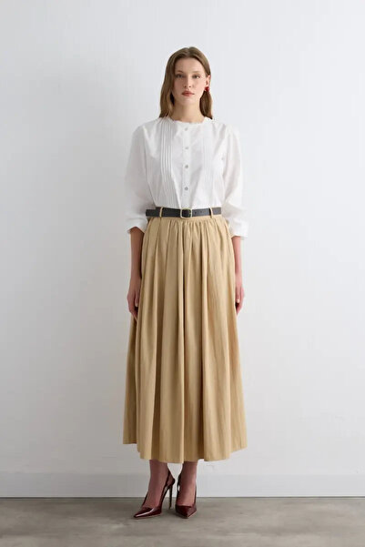 Gusto Long Skirt with Gathered Waistband - Beige
