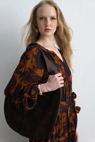 Gusto Suede Shopping Bag with Puppies - Brown