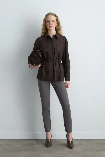 Gusto Beli Plaid Fabric Shirt with Rope Belt - Brown