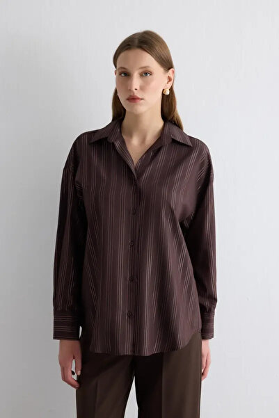 Gusto Glitter Striped Relaxed Fit Shirt - Brown