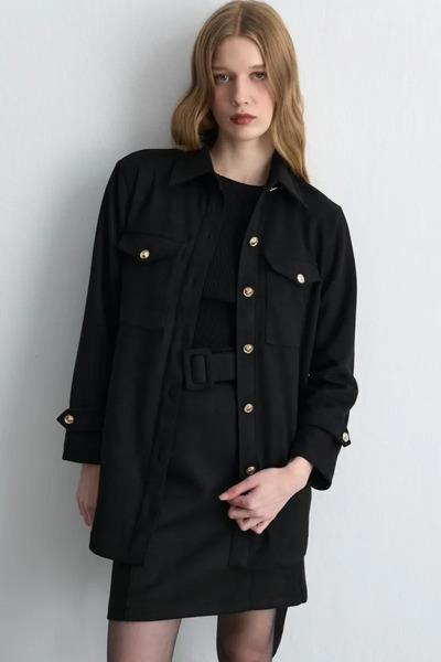 Gusto Beli Belted Faux Suede Jacket - Black
